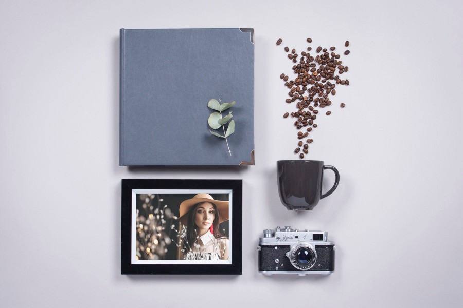 Professional photo album with metal corners - matted photo print - by nPhoto - photo camera - coffee mug with beans