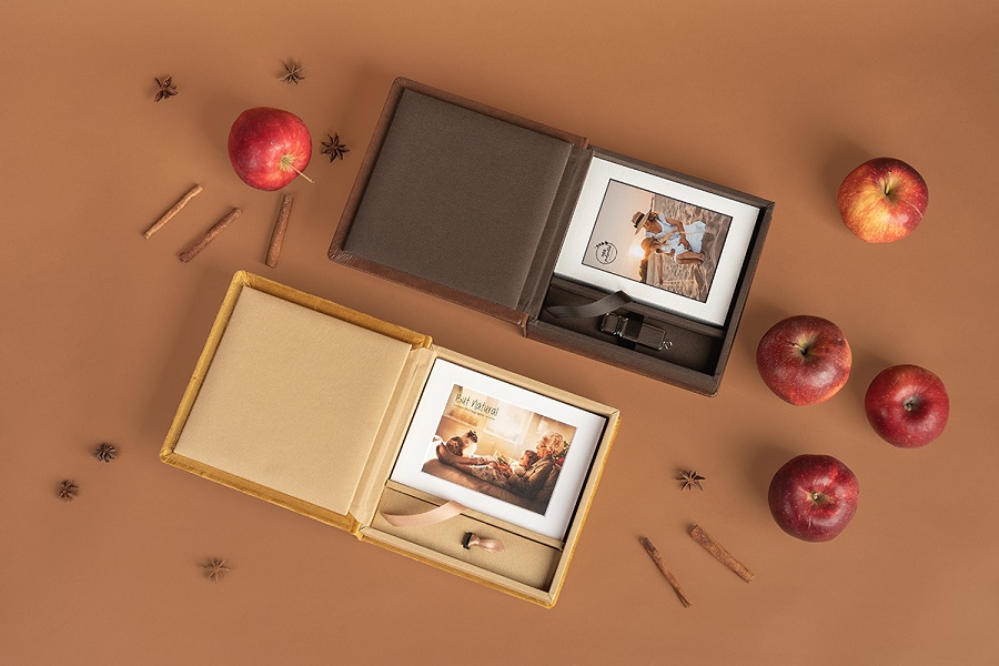 Folio Boxes Displayed Next to Apples