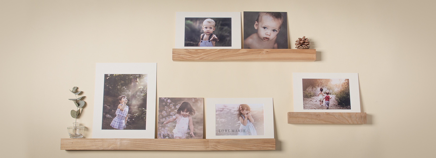 Wood ledge displays for professional photographers